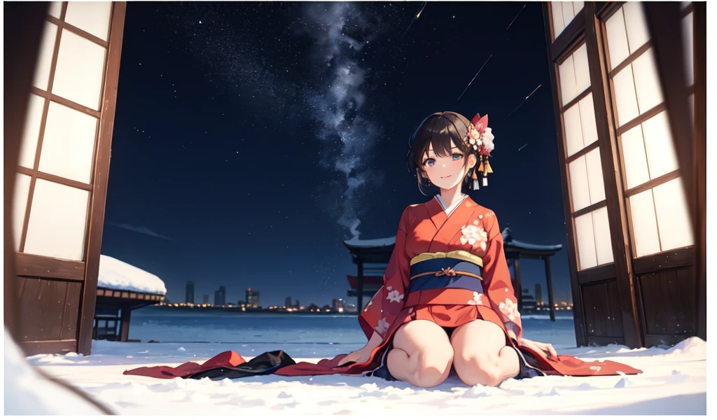 Movie angle,night,null,Beautiful Clouds,Detailed Background,constellation,starry null, One girl,alone,Glowing Skin,Tilt your head,smile,whole body,Wide Shot,(kimono, Floral print, heart, ribbon, yukata:1.2),Crystal of snow,Knee socks,Reflection Bed, whole body, (8k, RAW Photos, Highest quality, masterpiece:1.2, masterpiece8k.High resolution. High resolutionの不条理:1.2, Film Grain, Blurry bokeh:1.2, Lens flare, (Bright colors:1.2), (delicate))