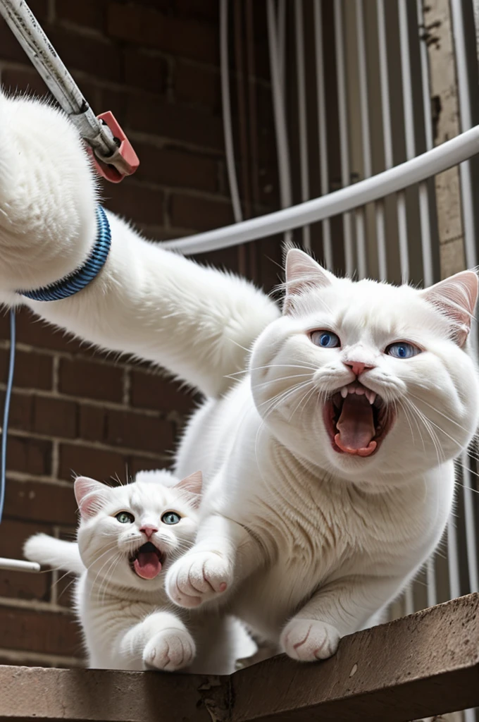 White chubby cat working on electric heavy voltage line, white chubby cat jumping from the ladder mouth open shocking condition because her kitten got electric shock, kitten is crying with open mouth, this scene is very horrible.