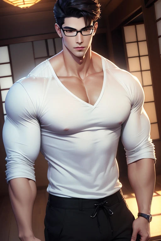 handsome males,muscle,super and highly detailes,very 8k((absurdres, highres, ultra detailed)handsome, tall muscular Anime young man Japanese man full body figure kinda brawny muscular with black hair and glasses in a  tight form fittingwhite shirt looking at the camera anime semi realiatic with different strking handsome features looks appearances that are moulded sculpted sculptured chiseled sharp angled angular broad high cheekbones full square jawed almond shaped eyes light hazel amber or honey colors monolidded eyes barely shoulder length wavy hair dark in a very Japanese Tokyo home 