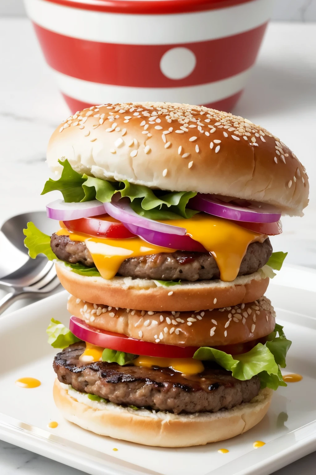 Generate a highly detailed and appetizing image of a hamburger resembling those featured in fast food advertisements. The hamburger should be perfectly arranged with fresh, vibrant ingredients such as lettuce, tomatoes, onions, and cheese, complemented by a perfectly grilled patty with visible grill marks. Ensure the burger looks juicy and tempting, with glistening condiments and a toasted sesame seed bun. The presentation should be on a clean, white background to emphasize the burger's attractiveness and appeal