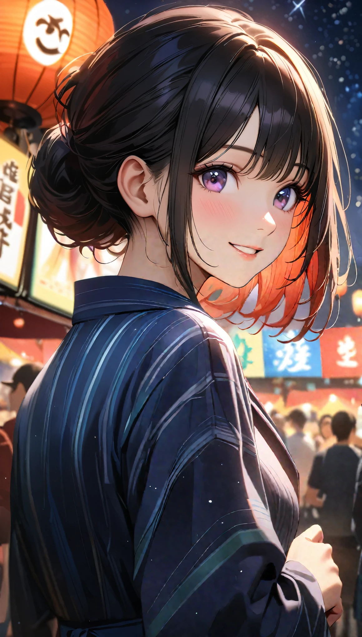 Young woman enjoying the summer festival,night, Starry Sky,Cute Yukata,Gazing at the sky,Blur the background,high school girl,smile,Highest quality, 8k, High resolution, masterpiece:1.2, Very detailed, Realistic:1.37, High resolution, 超High resolution, Ultra-fine painting, Very detailed, Professional, Vibrant colors