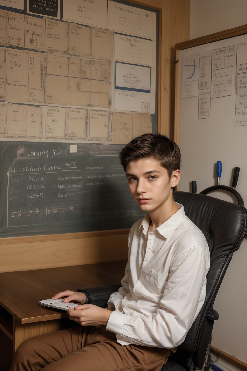 A young male twink, 20 years old, with a cute angel face, with makeup and black hair, wearing a luxurious, long-sleeved, white shirt and brown medieval pants. Behind him is a blackboard with a huge mathematics problem written on it, and he looks proudly as he sits at a desk with medical tools on it, and he has a face.  Innocent