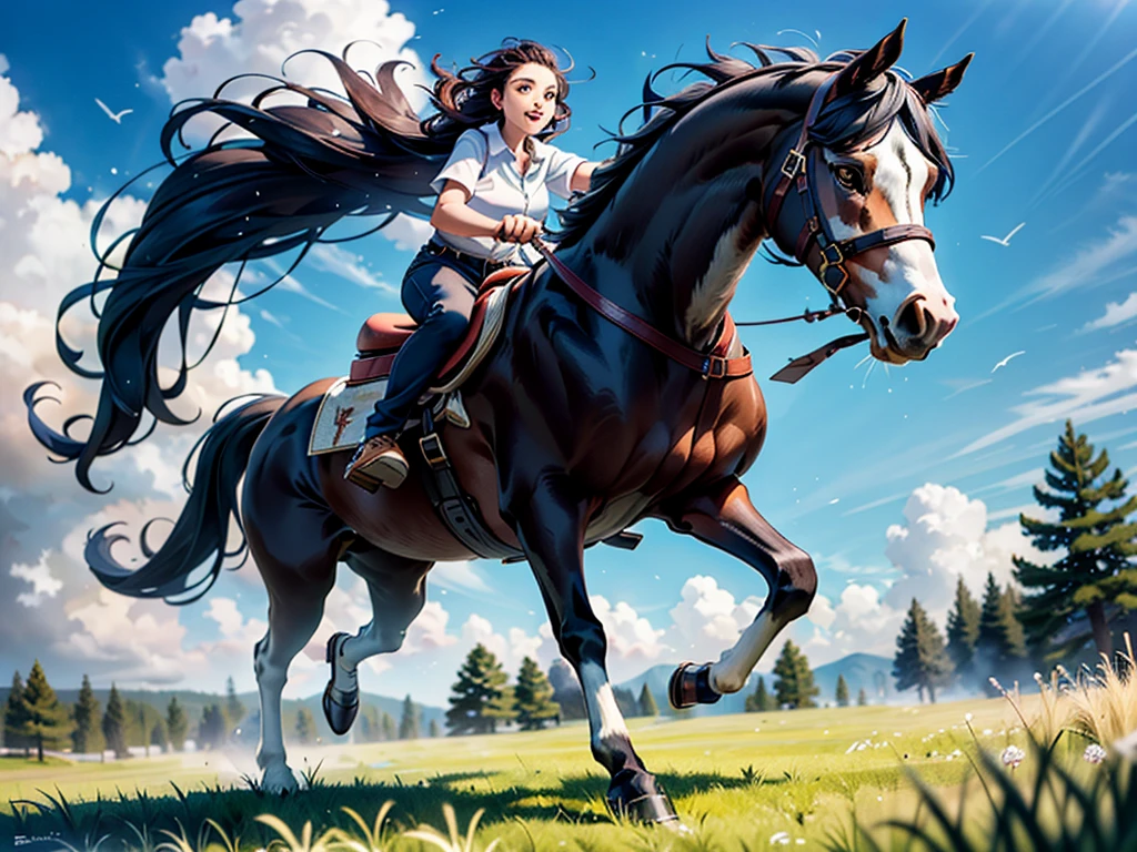 huge fat draft horse. Running cheerfully in grass meadow , contemporary art, Photorealistic , Very high resolution artwork , 8K ,  pine forest, bright blue sky. BBW ebony rider.