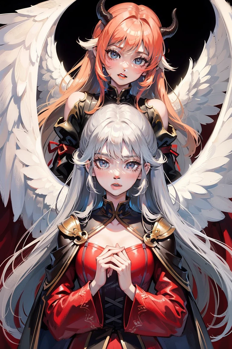 ((Highest quality)), ((masterpiece)), (detailed), Angel and devil facing each other、wing