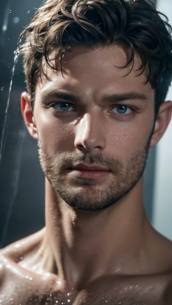 Jamie dornan, shirtless wet face, (attitude man magazine cover:1.4), best quality, masterpiece, very aesthetic, perfect composition, intricate details, ultra-detailed, hard face, handsome, hot hairy pubic, innocence face