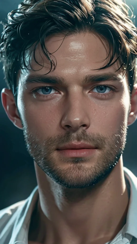 a detailed face portrait of Jamie Dornan, close-up of his wet face and body under the shower, extremely detailed skin, water droplets, realistic lighting, cinematic composition, high quality, photorealistic, 8K, realistic water effects, detailed facial features, beautiful eyes, sharp focus, dramatic lighting, moody atmosphere, realistic skin textures, high definition, lifelike, stunning realism