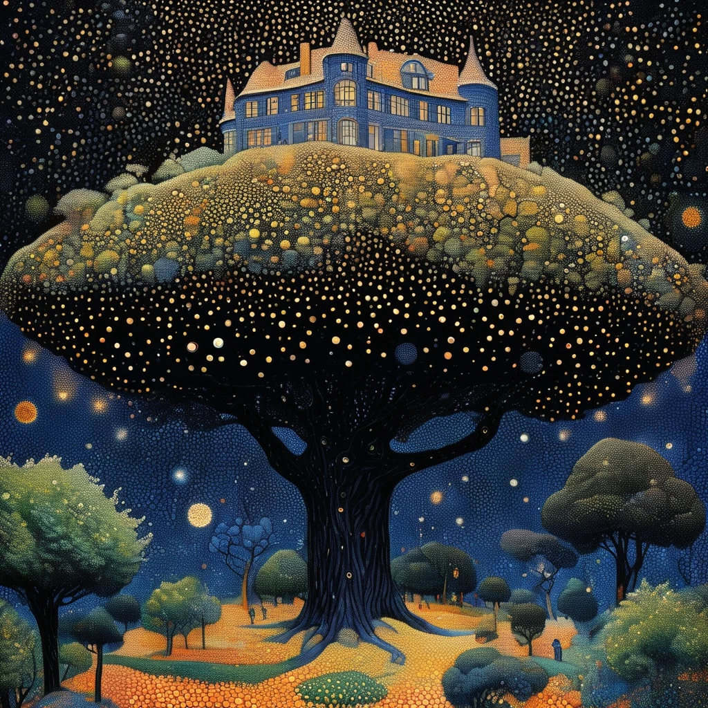 Georges Seurat:strange illustration,Pointillism method,trypophobia,Building on top of trees,Ojo,unrealistic,Strong Visual Impact,black backdrop,star