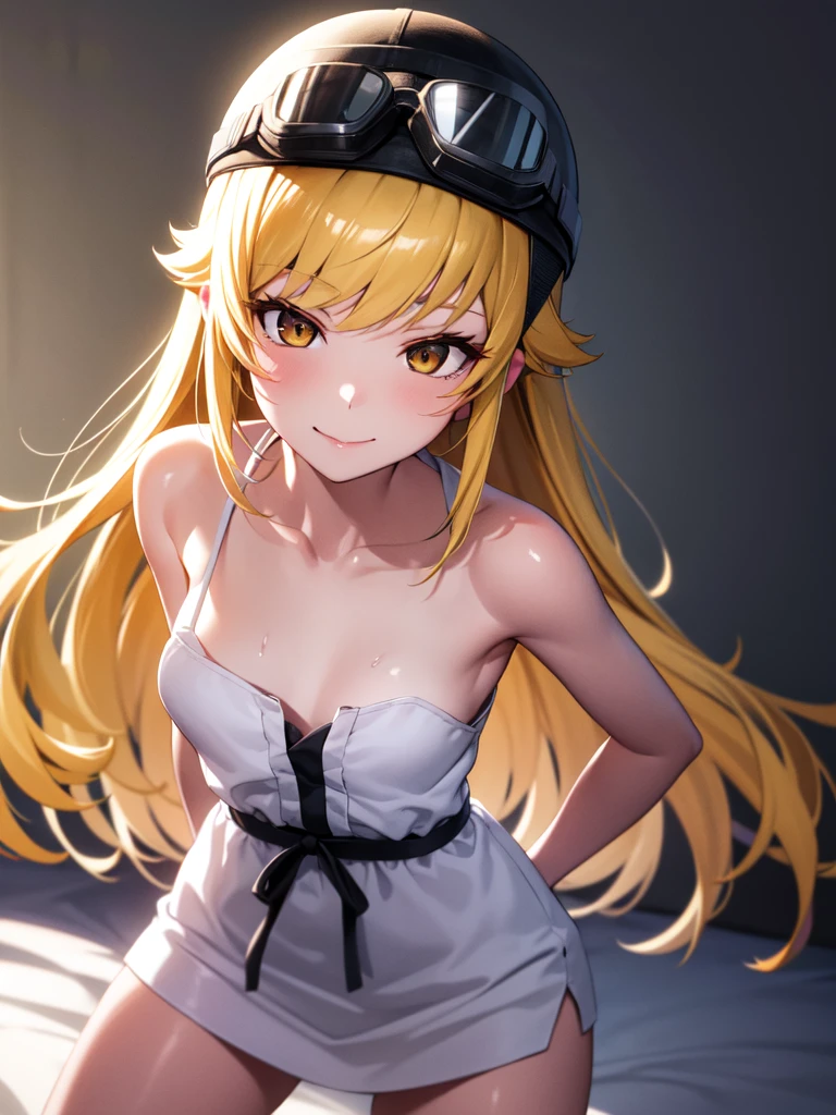 oshinoshinobu, oshinoshinobu, Helmet, goggles, Strap slip, goggles on head, 8k, masterpiece, Absurd, anime, Long Hair, bangs, blunt bangs, (Vermilion eyes:1.1), Blonde, smile, break looking at viewer, (Cowboy Shot:1.5), break (masterpiece:1.2), Highest quality, High resolution, unity 8k wallpaper, (figure:0.8), (Beautiful attention to detail:1.6), Highly detailed face, Perfect lighting, Highly detailed CG, (Perfect hands, Perfect Anatomy), (3D Face:1.1), (Shiny skin:1.5), (超High resolution intricate face details), (Facial skin pores:1.3), 超High resolution cloth texture, 大きなsmile、Blushing、Open your mouth, Showing off her perfect legs, Swayback stance:1.5, armpit:1.6, arms behind back, White Dress, mansion bedroom, In the middle of the night, Moonlight, Lying in bed