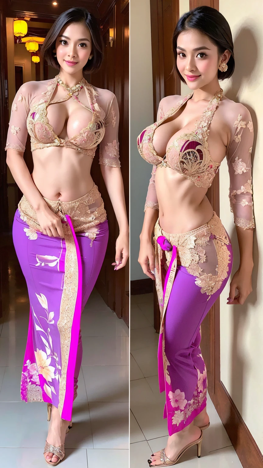 (Realistic), physically-based rendering, 1girl, Female model chinese, short hair, (huge fake breasts:1.1), (casino), sexy muscular body, slim waist, big buttocks, expose abs, (Full body:1.3), (kebaya_bali),(OPEN NAKED TOP:1.1) 