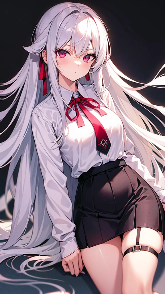 Long silver hair, reddish pink eyes, large breasts, slim body, cool, white shirt, black mini quilted skirt, ribbon tie