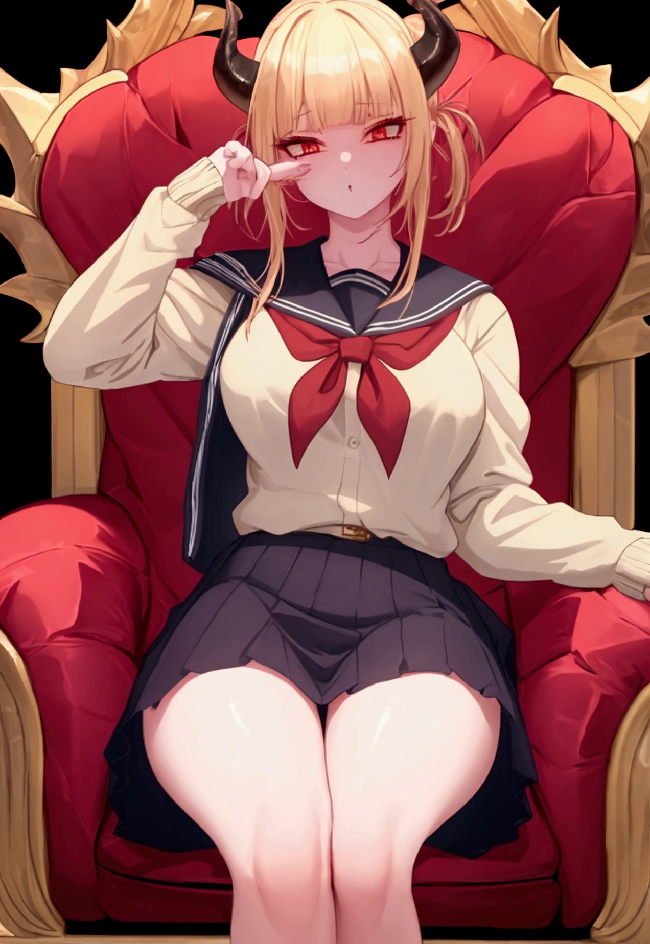 uhd, accurate, anatomically correct, super detail, textured skin, high details, high quality, best quality, award winning, highres, 16K、High School Girl Demon King、The Demon Lord 、throne、Devil horns、Royal Palace Background