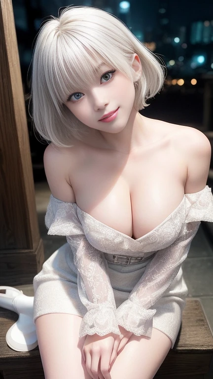 ((Large Breasts))、Upper body photo、Take close-up photos of your face、Fair skin、Great light、Beautiful lighting、((Platinum Blonde Hair:1.2))、((short hair:1.4))、((Straight hair))、Blunt bangs、Detailed embroidery、Black Dress、Off-the-shoulder jacket、Gorgeous Accessories、Knee-high socks、Full moon night、Outdoor Background、smile、かわいいsmile