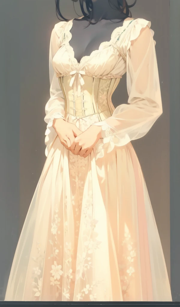 beautiful illustration, ultra-detailed, masterpiece, victorian nightwear, chiffon dress, corset with lace, a lot of fabric, a lot of chiffon