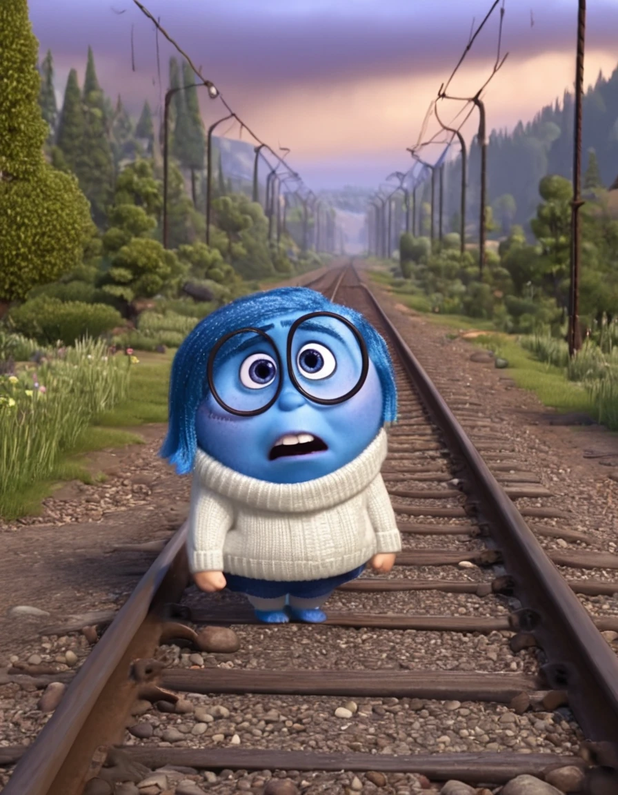 sadness inside out, crying, 3d animation, pixar, running from a train