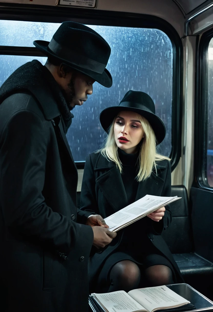 Black man with a black hat over a black coat, offering the pact and a document to the exhausted blonde woman sitting inside the bus. Dark and scary weather at night