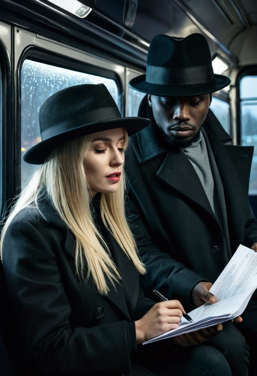Black man with a black hat over a black coat, offering the pact and a document to the exhausted blonde woman sitting inside the bus. Dark and scary weather at night