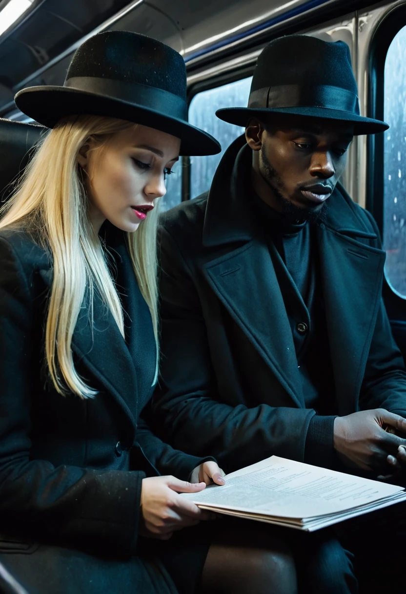 Black man with a black hat over a black coat, offering the pact and a document to the exhausted blonde woman sitting inside the bus. Dark and scary weather at night