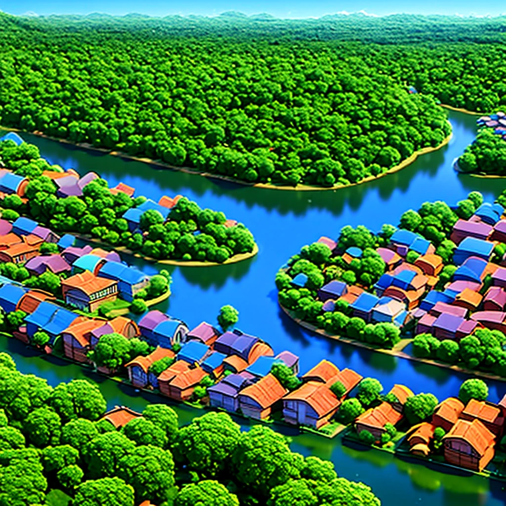 Urban city with forest on the side. River divides the city from the forest. many animals in the forest, ounce, elephants, birds. city with people.