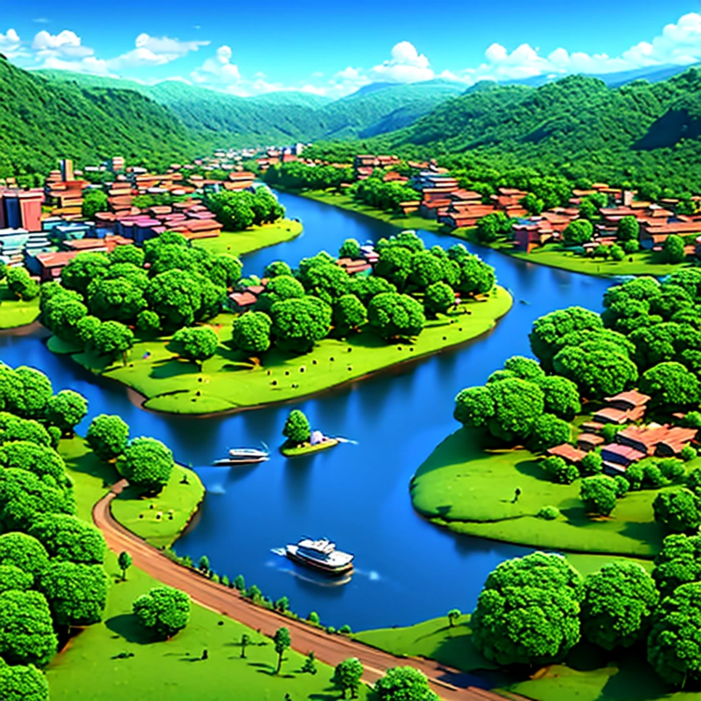 Urban city with forest on the side. River divides the city from the forest. many animals in the forest, ounce, elephants, birds. city with people.