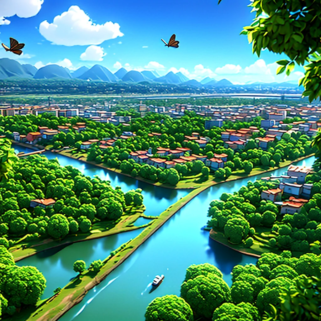 Urban city with forest on the side. River divides the city from the forest. many animals in the forest, ounce, elephants, birds. city with people.