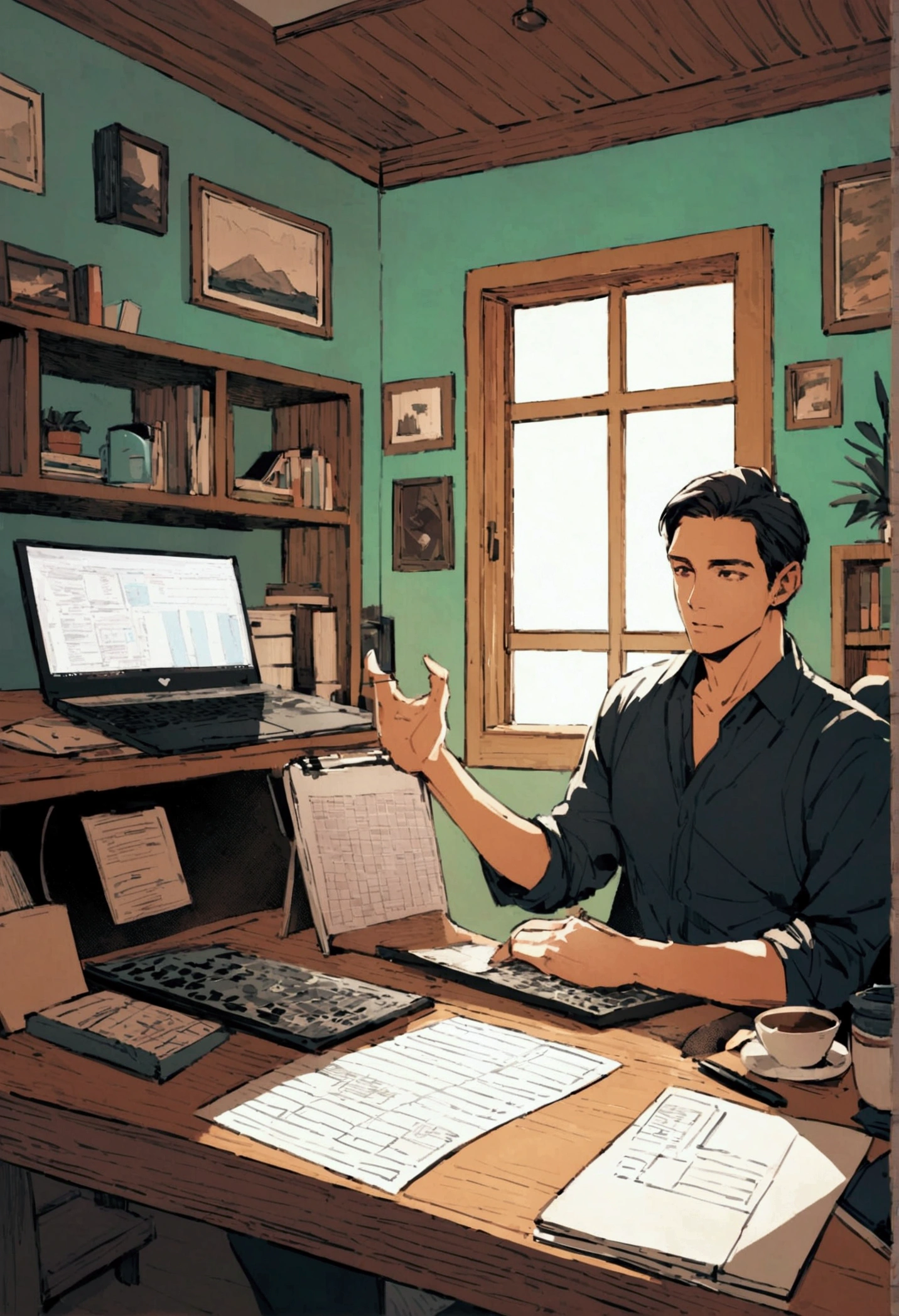 Create an image of a man working from home on a side job using his computer. The man should be sitting at a desk with a laptop or desktop computer in front of him. He appears focused and engaged, with the screen showing some type of work-related content like spreadsheets, documents, or coding. The setting is a cozy home office with typical items such as a coffee mug, notepad, and some personal touches like family photos or decorations. The background should include elements like a bookshelf, window with natural light, and perhaps some houseplants to emphasize the home environment.