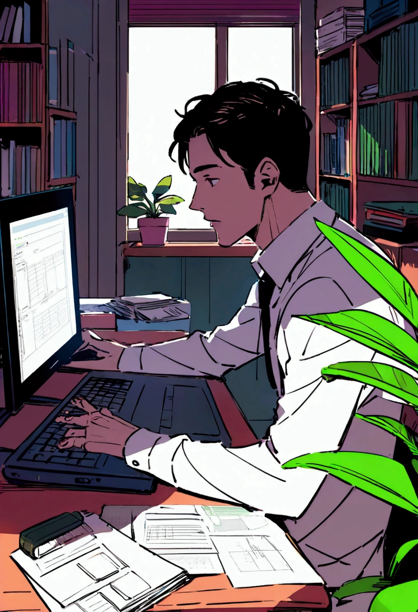 Create an image of a man working from home on a side job using his computer. The man should be sitting at a desk with a laptop or desktop computer in front of him. He appears focused and engaged, with the screen showing some type of work-related content like spreadsheets, documents, or coding. The setting is a cozy home office with typical items such as a coffee mug, notepad, and some personal touches like family photos or decorations. The background should include elements like a bookshelf, window with natural light, and perhaps some houseplants to emphasize the home environment.

