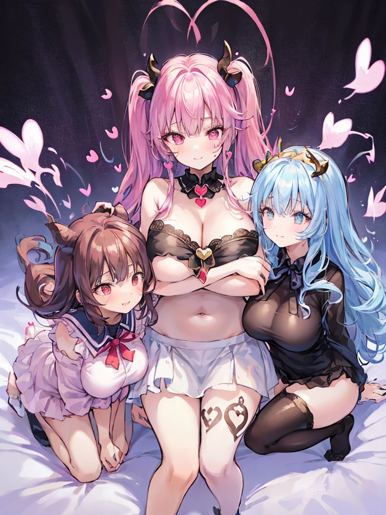 best quality, super fine, 16k, extremely detailed, delicate and dynamic, (3 women and 1 boy:1.4), cute woman,boy, baby face,black hair, pink eyes, A detailed eye, source_anime, high detail, hair ornament,smile, Young features, looking at viewer, (white background:1.3)fluffy hair, Elementary school girls,hair clips, Black Stockings,standing, underwear,age girl, belly button, skirt,beautiful illustrations, highest quality, pretty girl,beautiful girl, clear face, pastel colour ,blonde hair, smile, blush, にこやかなsmile, thighs,perfect hands, five fingereet,Three Succubi (symmetrical succubus wings), (triplets:1.2), (ribbon:1.1), tie, Bree, earrings, Suspicious face, alicious smile, Bruises and ugly facial features, young features, fluffy hair, (Open your mouth and laugh), Chiquita, Colossal tits, (Put your hands on your face), Ruffled uniforms, hair clips, (Ridicule:1.1), looking-down, Angle from behind, respected by women, (upward looking gaze:1.2), (hearts symbol:1.5), (lump of heart:1.5), (heart effect:1.5), (heart mark:1.5), demon tail, Devil's Taiuccubus, (super Colossal tits:1.3), (heart tattoo:1.3), Yodare, Devil's Tail, Chest Alignment, Girl Sandwich face sandwich (confused and blushing,kawaii facepose your ahegao), hug each other, catch them, そしてサンドイッチを作ってサンドイッチにhug each otherポーズ, (burying boy's face in cleavage:1.3), sandwich from front and back, Sullen expression 4p, boy looking away