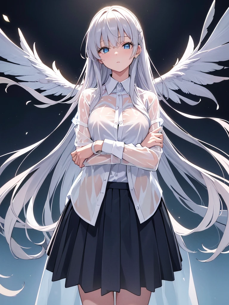 The clothes are wet, (Y-shirt is transparent: 1.4), skirt, (Unbroken body), (Perfect body structure), (arms two), (legs two), highest quality, 4K, (High resolution: 1.3) masterpiece , 1.2, Super detailed, HDR, Studio Lighting, Sharp Focus, Bright colors, Portrait, Warm tones, Soft Lighting,Silver Hair、Blue Eyes、long hair、