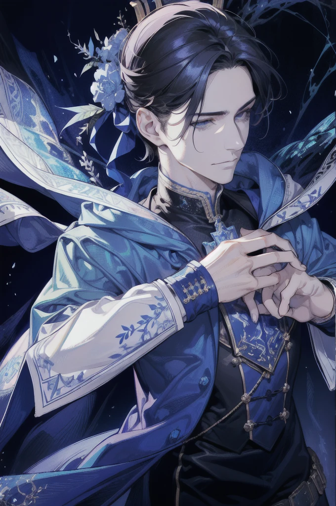 (absurdres, highres, ultra detailed), 1 male, adult, handsome, tall muscular guy, broad shoulders, finely detailed eyes, dark color hair, fantasy, complex pattern, detailed face, throne, magic effect, best ratio four finger and one thumb, ice, bitter cold, cold snap, smile, (dutch angle), closed mouth