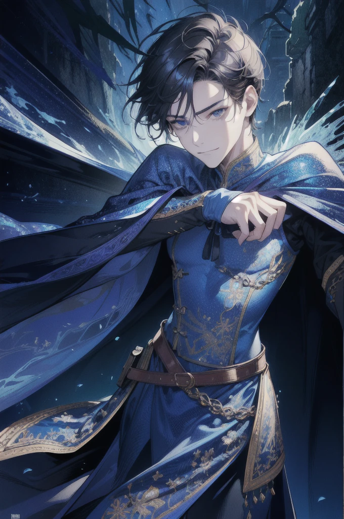 (absurdres, highres, ultra detailed), 1 male, adult, handsome, tall muscular guy, broad shoulders, finely detailed eyes, dark color hair, fantasy, complex pattern, detailed face, throne, magic effect, best ratio four finger and one thumb, ice, bitter cold, cold snap, smile, (dutch angle), closed mouth