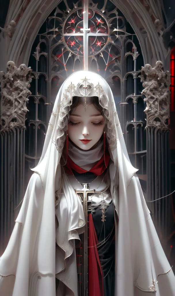 《goddess》, Gothic Style, Dark white and light red, Highly detailed illustration, Ultra-high definition images, Gorgeous costume details, Complex clothing, (cathedral:1.6)(Beautiful and clear background:1.4), (Transparent eye mask:1.1), (scarf:1.3),Long Hair, High resolution, smile, Medieval dress