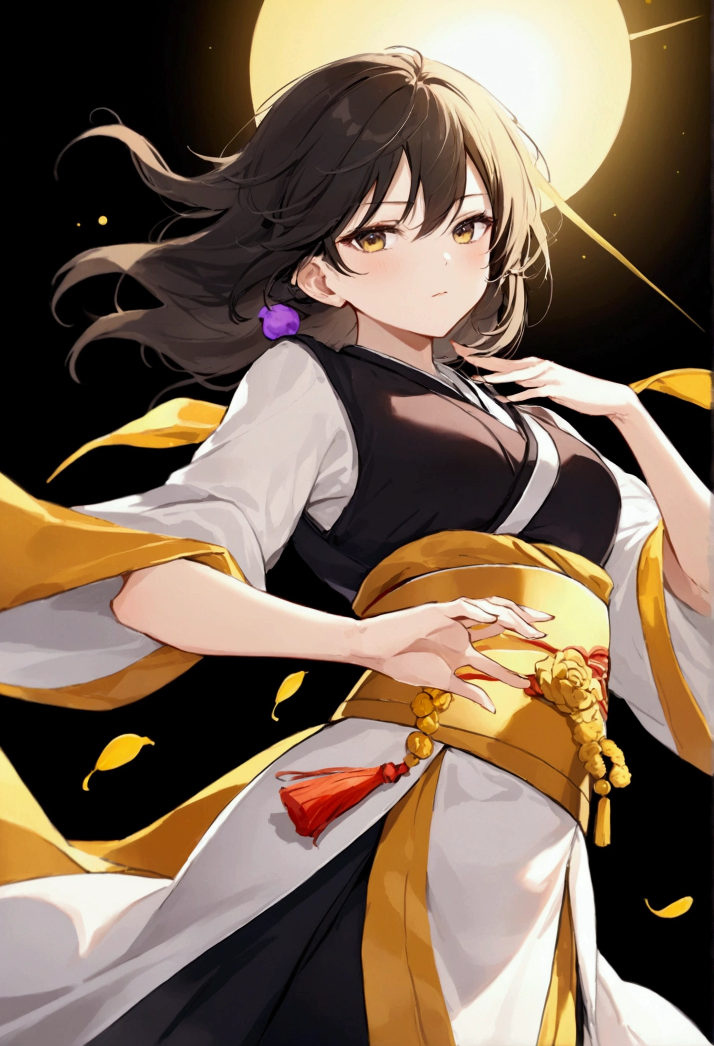 woman,Auspicious days,Background yellow,sun,Black Hair，run away