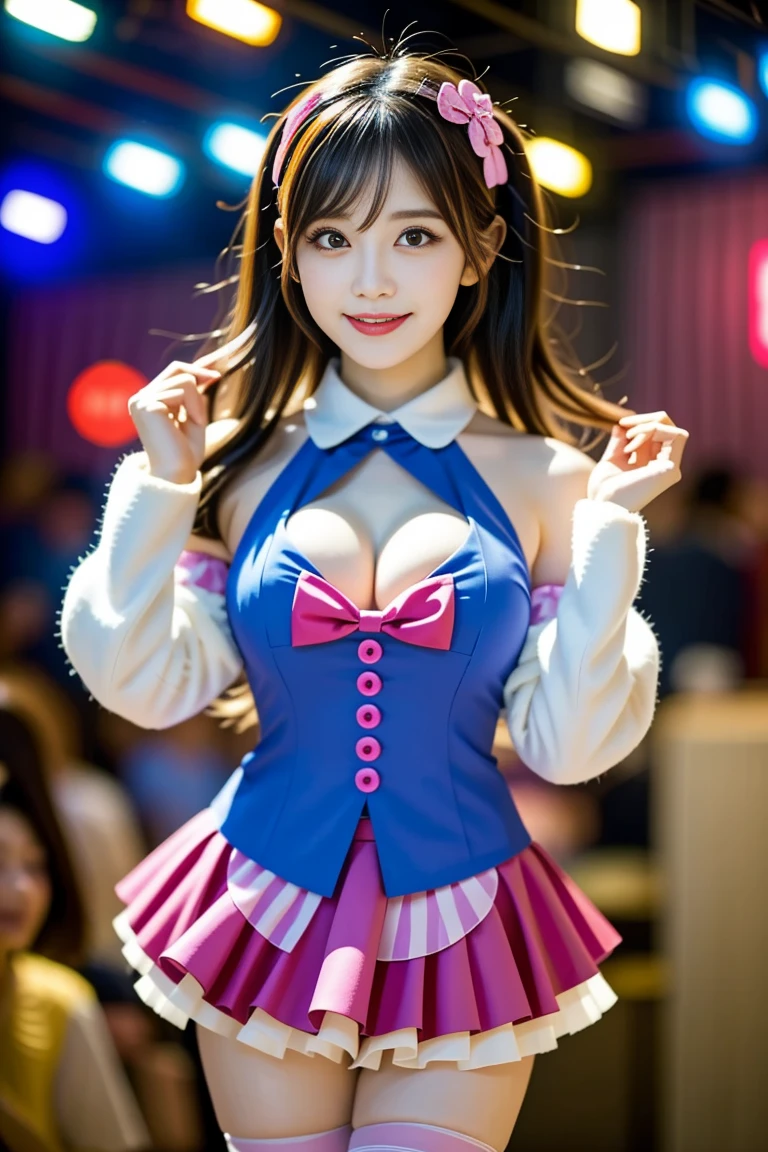 "Buxom Japanese cosplayer as anime character, 24 years old, height 155cm,
exaggerated anime-like proportions (105-55-85 cm), impossibly large H-cup breasts,
extremely tiny 55cm waist, shapely 85cm hips, long toned legs, flawless fair skin
(RGB: 255, 240, 230), heart-shaped face, enormous expressive eyes (vivid blue,
RGB: 30, 144, 255) taking up half of face, small button nose, small mouth with pink
lips (RGB: 255, 182, 193) in a cute pout, long pink wig (RGB: 255, 192, 203) styled in
twin tails reaching knees, heavy cosplay makeup with dramatic false eyelashes and
bright pink blush, wearing a revealing magical girl costume: frilly pink and white
mini-dress with plunging neckline, puffy sleeves, very short skirt, white thigh-high
stockings, pink platform boots, large fairy wings, magical wand accessory, cute pose
with V-sign hand gesture and winking, at a vibrant comic convention with colorful
booth backgrounds and other cosplayers, high-energy convention lighting with
multiple colored spotlights, high-contrast photography style emphasizing vivid colors
and anime-like features, shot with Canon EOS R3 mirrorless camera, 24-70mm f/2.8
lens at 35mm, ISO 800, 1/250 sec, 24MP resolution, focus on exaggerated features
and costume details--ar 3:4--q 2--s 750--v 6.0--style raw