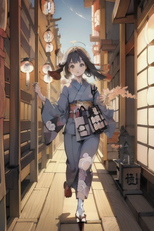 best quality,(masterpiece:1,2),highres,original,perfect lighting,extremely detailed wallpaper,(extremely detailed CG:1.2),Japanese manga style,Studio Ghibli,Hayao Miyazaki style,high saturation,rich details,A girl carrying a bag walking down the street,