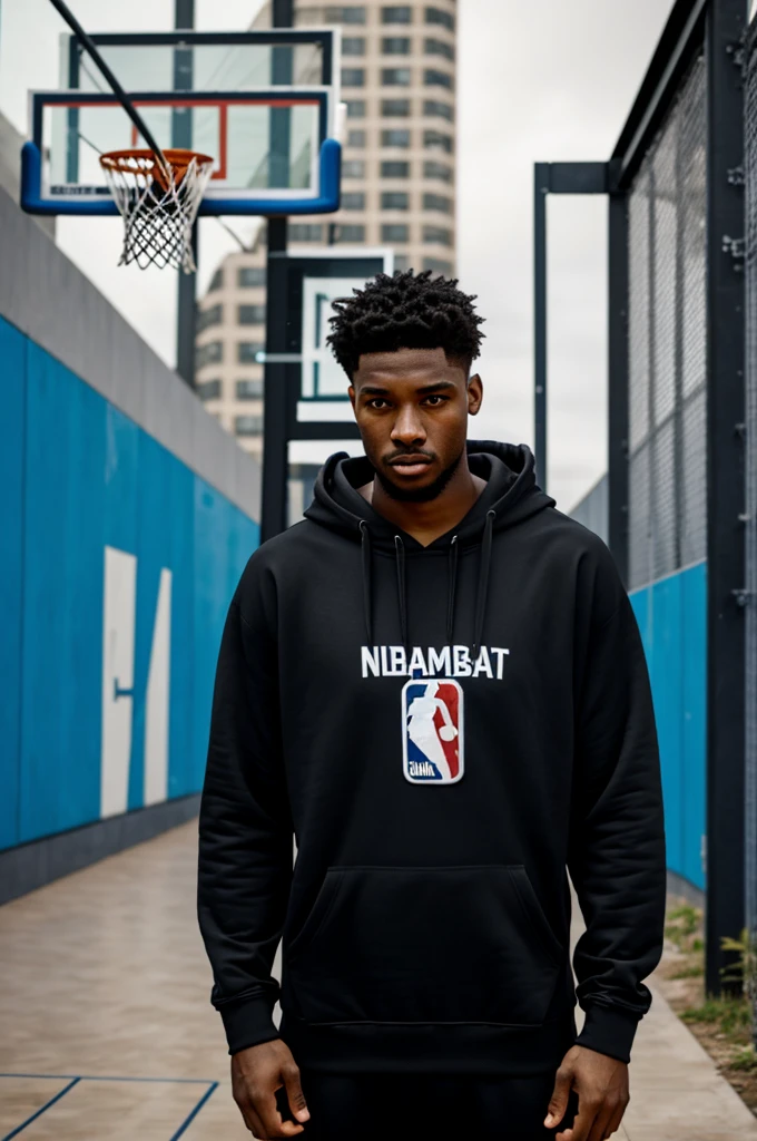 A basketball player with a black hoodie with NBA written in English on his hoodie, his face is unknown, he has a basketball in his hand, and his background is a beautiful street basketball court.