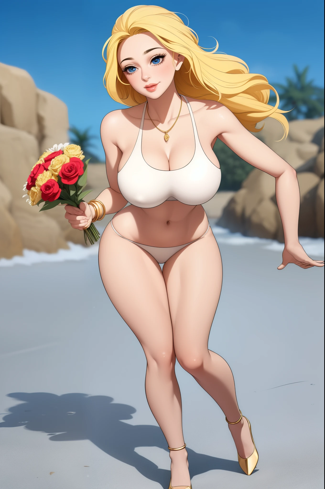 An extremely beautiful stunning woman with a perfect busty body, gold blonde long silky hair, big blue eyes, extremely super bright snow white fair stunning flawless glowing lush shiny flawless white skin, a perfect tight hourglass figure, and a skinny waist, sexy thick smooth luscious legs and thighs, extremely cute smile on the face, bright pink blushes on cheeks, wearing a short sexy tight revealing white bikini with threads, yellow heels, gold necklace on the neck, gold anklets on feet, gold chain on the waist, standing straight, holding a red roses bouquet, beach in the background, show full body from head to feet.