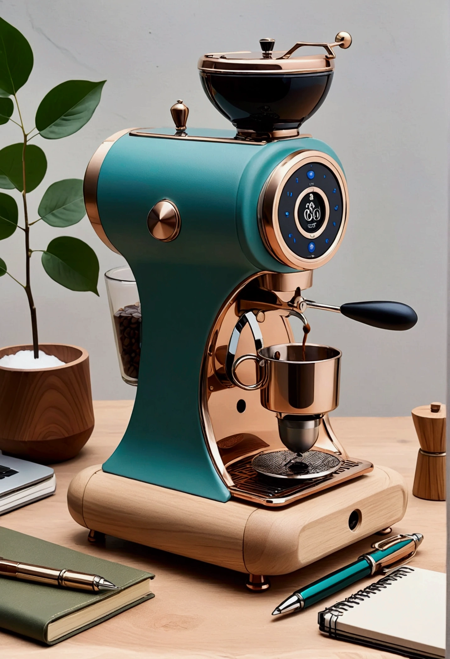 a beautiful modern minimalist design, sleek coffee machine, wooden grinder, leather notebook, steel pen, cotton canvas bag, blue and green color palette, high-tech, clean, simple, elegant