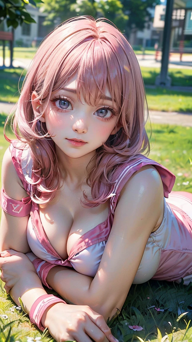 ((Highest quality, 8k, masterpiece :1.3)), (Sharp focus :1.2, Beautiful woman with perfect figure :1.4, Slim Abs), ((Big Breasts, Emphasize cleavage:1.2)), (Photorealistic:1.4), (realistic:1.4), (Pink Hair:1.5), Highly detailed face and skin texture, Fine grain, double eyelid. Makeup face, A little bit of lipstick, sex appeal, Sexy gravure pose, ((Pink Sailor Suit、The background is the schoolyard during lunch break.、An innocent smile、Wristband、Lying on the grass。:1.3)