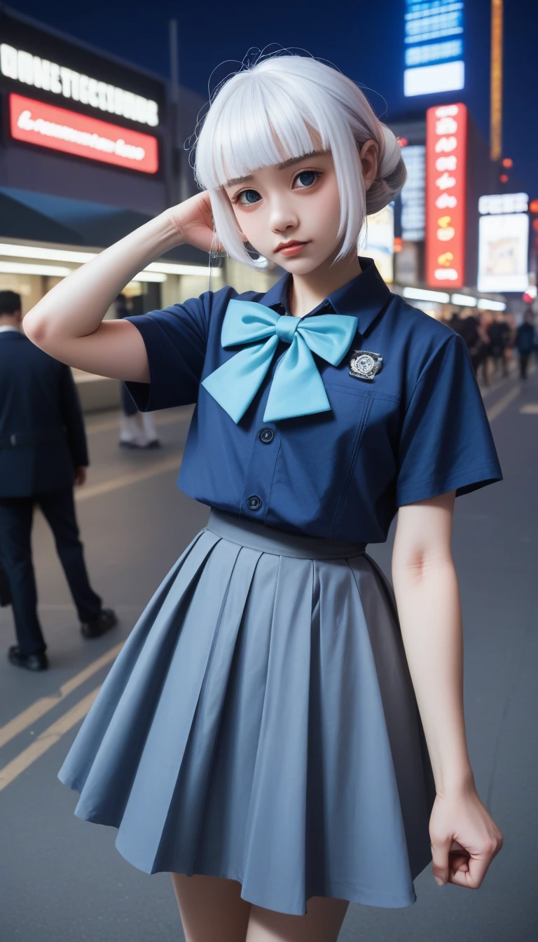 score_9_up, score_8_up, score_7_up, score_6_up,(8K, RAW photos, masterpiece:1.3), (Practical, photo-Practical:1.37), (night), (Looking at the audience:1.331), (White hair), Strike a pose, Tokyo Street, nightcityscape, Cyberpunk City, Soft Light, 1 Girl, Extremely beautiful face, Break, Hands down, Random hairstyle, Random Expression, big eyes, Lower abdomen, (Short sleeve .JK_shirt), JK_style, (Dark blue JK_skirt), (bowJK_tie), Mix 4., best quality