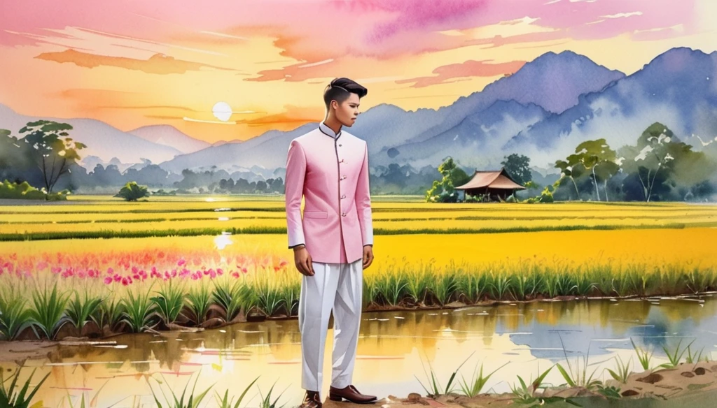 candid fashion illustration of Sad young man 27 year old, adorned in a meticulously crafted North Thai traditional outfits, Lampang, ((showcase fashion Lanna style in cotton handwoven in pink)), simple elegant style, The man wears a simple long-sleeved white mandarin collar suit, paired with Tailor pants, and oxford shoes, standing, Set against the backdrop of a breathtaking sunset at countryside, Chiangmai, rice farm, wild flower, Captured in full-body image, ((imperfect water color background)), sketching, realistic drawing, imperfect water color painting, fashion look book, fashion illustrator, sketch design,  the image boasts high-quality, Lanna, North Thai traditional costume.