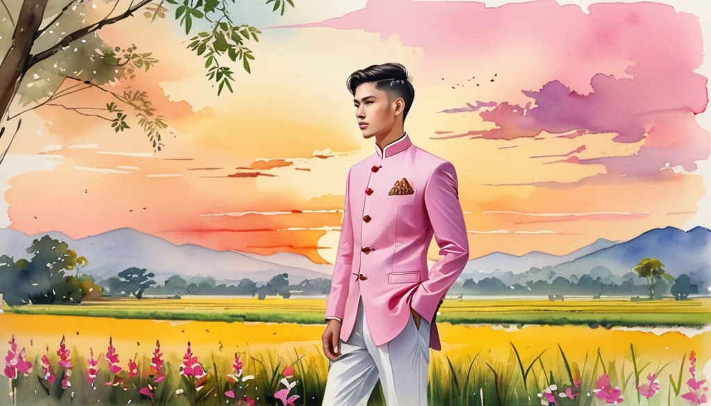 candid fashion illustration of Sad young man 27 year old, adorned in a meticulously crafted North Thai traditional outfits, Lampang, ((showcase fashion Lanna style in cotton handwoven in pink)), simple elegant style, The man wears a simple long-sleeved white mandarin collar suit, paired with Tailor pants, and oxford shoes, standing, Set against the backdrop of a breathtaking sunset at countryside, Chiangmai, rice farm, wild flower, Captured in full-body image, ((imperfect water color background)), sketching, realistic drawing, imperfect water color painting, fashion look book, fashion illustrator, sketch design,  the image boasts high-quality, Lanna, North Thai traditional costume.