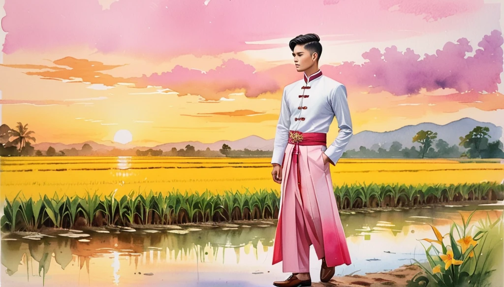 candid fashion illustration of Sad young man 27 year old, adorned in a meticulously crafted North Thai traditional outfits, Lampang, ((showcase fashion Lanna style in cotton handwoven in pink)), simple elegant style, The man wears a simple long-sleeved white mandarin collar suit, paired with Tailor pants, and oxford shoes, standing, Set against the backdrop of a breathtaking sunset at countryside, Chiangmai, rice farm, wild flower, Captured in full-body image, ((imperfect water color background)), sketching, realistic drawing, imperfect water color painting, fashion look book, fashion illustrator, sketch design, the image boasts high-quality, Lanna, North Thai traditional costume.