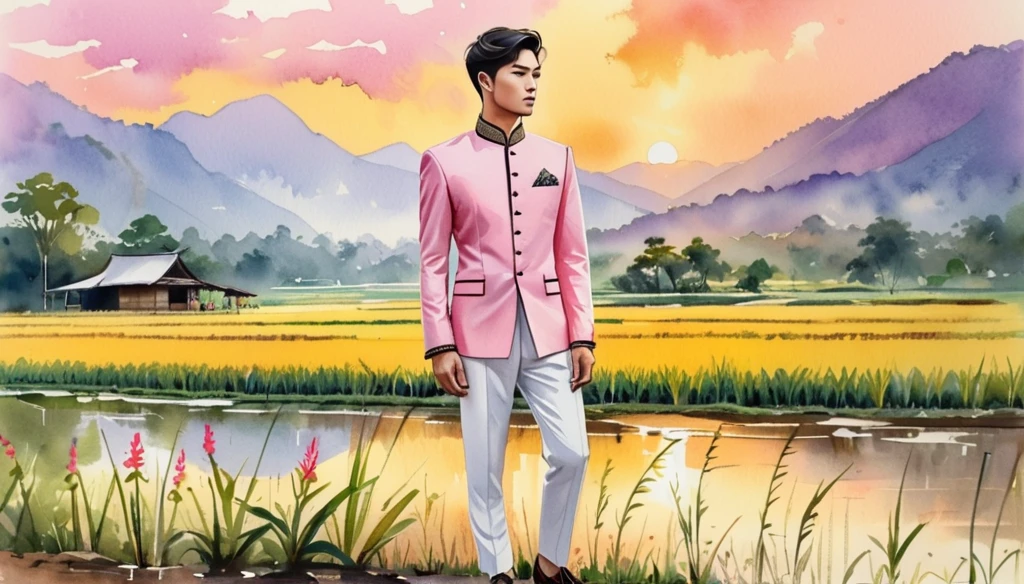 candid fashion illustration of Sad young man 27 year old, adorned in a meticulously crafted North Thai traditional outfits, Lampang, ((showcase fashion Lanna style in cotton handwoven in pink)), simple elegant style, The man wears a simple long-sleeved white mandarin collar suit, paired with Tailor pants, and oxford shoes, standing, Set against the backdrop of a breathtaking sunset at countryside, Chiangmai, rice farm, wild flower, Captured in full-body image, ((imperfect water color background)), sketching, realistic drawing, imperfect water color painting, fashion look book, fashion illustrator, sketch design, the image boasts high-quality, Lanna, North Thai traditional costume.