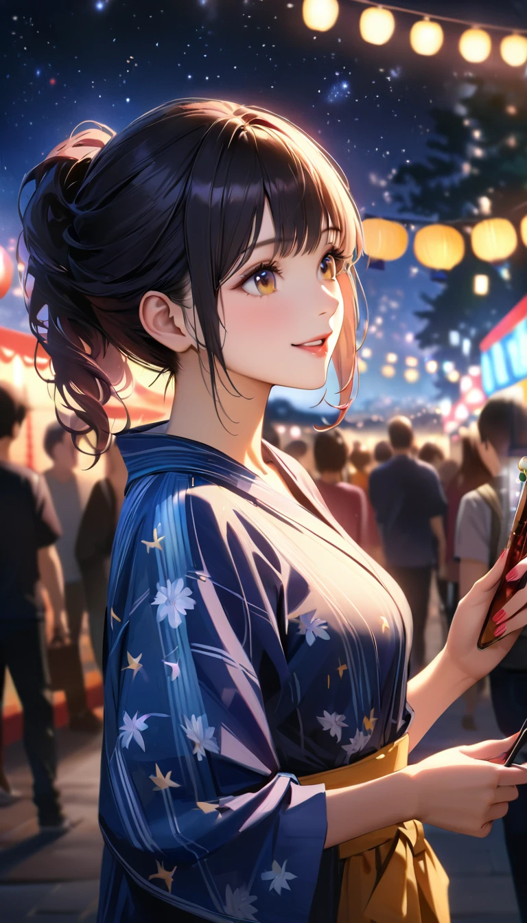 Young woman enjoying the summer festival,night, Starry Sky,Cute Yukata,Gazing at the sky,Blur the background,high school girl,smile,Highest quality, 8k, High resolution, masterpiece:1.2, Very detailed, Realistic:1.37, High resolution, 超High resolution, Ultra-fine painting, Very detailed, Professional, Vibrant colors