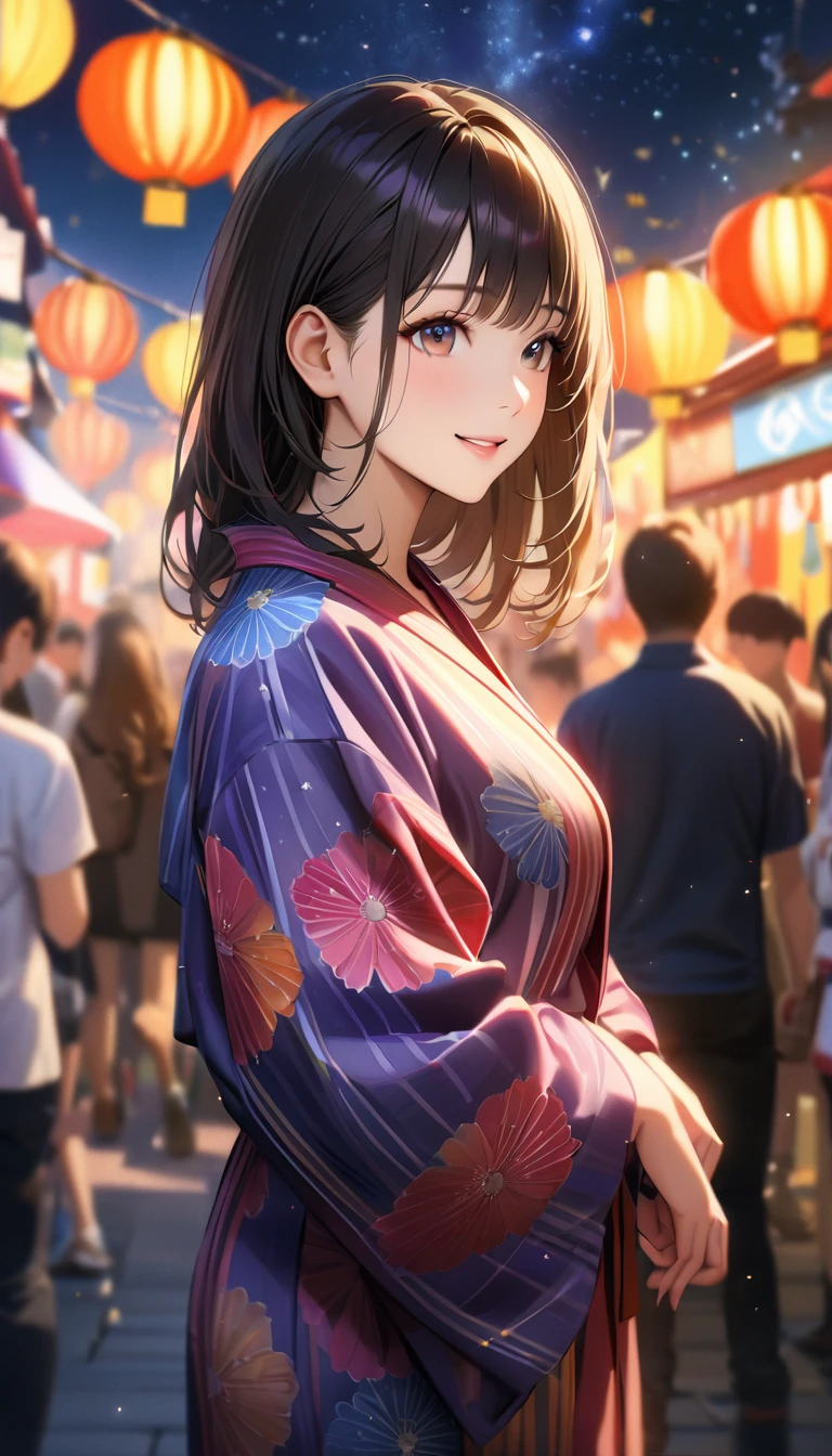 Young woman enjoying the summer festival,night, Starry Sky,Cute Yukata,Gazing at the sky,Blur the background,high school girl,smile,Highest quality, 8k, High resolution, masterpiece:1.2, Very detailed, Realistic:1.37, High resolution, 超High resolution, Ultra-fine painting, Very detailed, Professional, Vibrant colors