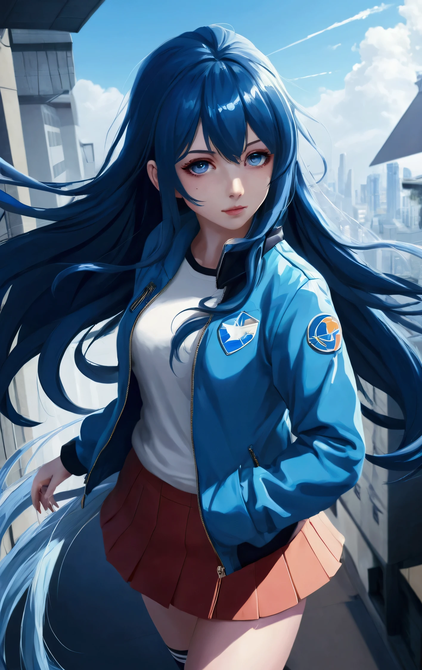 anime girl with long blue hair and a blue jacket standing in front of a building, anime style 4 k, anime art wallpaper 8 k, anime art wallpaper 4 k, anime art wallpaper 4k, 4k anime wallpaper, anime wallpaper 4k, anime wallpaper 4 k, 4 k manga wallpaper, anime moe artstyle, portrait anime space cadet girl