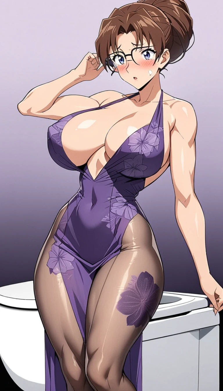 Best quality,masterpiece,brown hair,Purple evening dress,Big breasts,Perfect body,full-body shot,Cool poster,Wearing glasses,36 mature beauties,Single player anime style,seduces a young blackman,(strong and naked black man,short pants,muscle body,bodybuilder),(a young mom with big breasts,narrow waist,bare shoulders,(Purple evening dress, transparent black pantyhose, floral print, naked)background:toilet,toilet,blush on her face