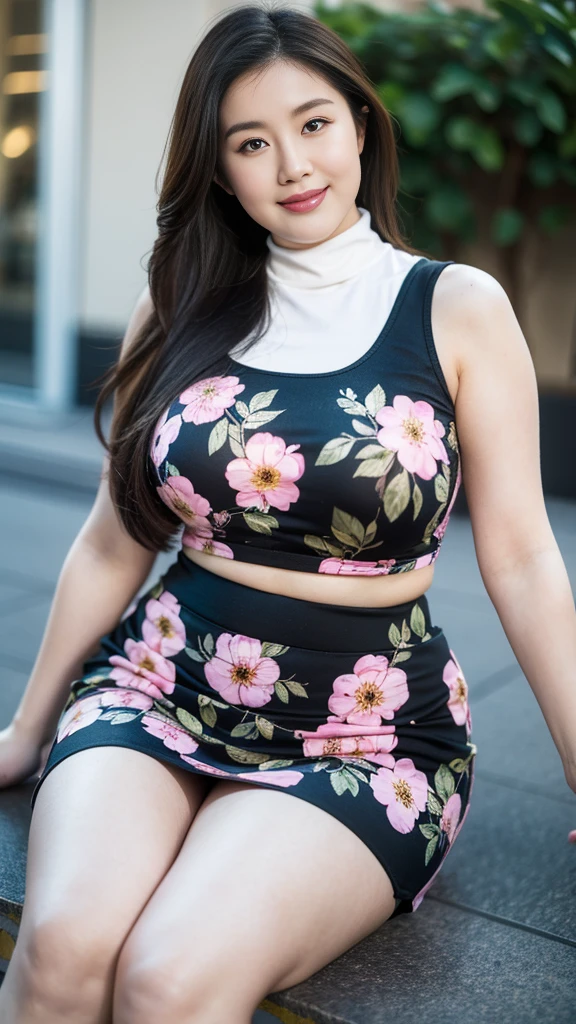 Height 1.85 meters，Smiling fat woman ，Oval face， 大Long legs， Wearing a pink turtleneck lace shirt and pleated skirt,  Thin waist and thick hips, Hip width， Soft curves, hyperPractical full figure, Wearing a cute top, Long legs,,thickness, Beautiful plump woman, A woman with beautiful curves*****Target，Clear curve details, Curvy hourglass figure, Charming plus size models, bbw酱, full image, Surface Model, Curvy body, （full-body shot）blush, 1girll fat , Golden Ratio,(White and tender skin:),High quality background, HD, Practical, HDR. pedestrian mall，Skin as white as paper，High heel，Sit on a slate，Flowers