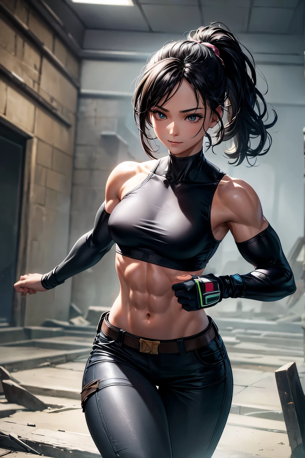 8k,younger sister,so beautiful(Like the real thing),Toned Up, Muscular body,sexy,clear narrow eyes,black eye,Cool smile,Blue combat jacket,Black Shirt,Black combat pants,short,Compensate,Ultra-Realistic Skin,Compensate,masterpiece,Photorealistic RAW photos of the highest quality。Bright colors,Rich colors, Backlight, Cinema Lighting, Film Grain, 50mm lens, Nikon D850,Detailed character art,Fantasy art,Ultra-high resolution,Ultra-Realistic Skin,Perfect hand shape,In front of the abandoned temple,Beautiful expression,close,Very small breasts,Muscular Beauty,Dynamic fighting pose,ponytail,Muscular Beauty,karate,