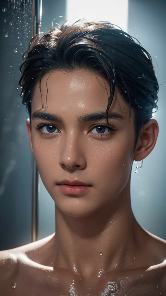 a detailed face portrait of Tobey Meguray, close-up of his wet face and body under the shower, extremely detailed skin, water droplets, realistic lighting, cinematic composition, high quality, photorealistic, 8K, realistic water effects, detailed facial features, beautiful eyes, sharp focus, dramatic lighting, moody atmosphere, realistic skin textures, high definition, lifelike, stunning realism